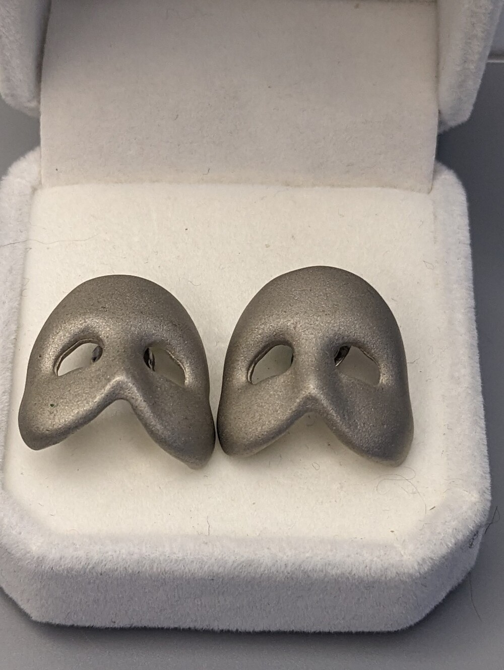 Vintage 1988 RVG PLC Mask Earrings Silver Tone Drama Face Collectible Retro